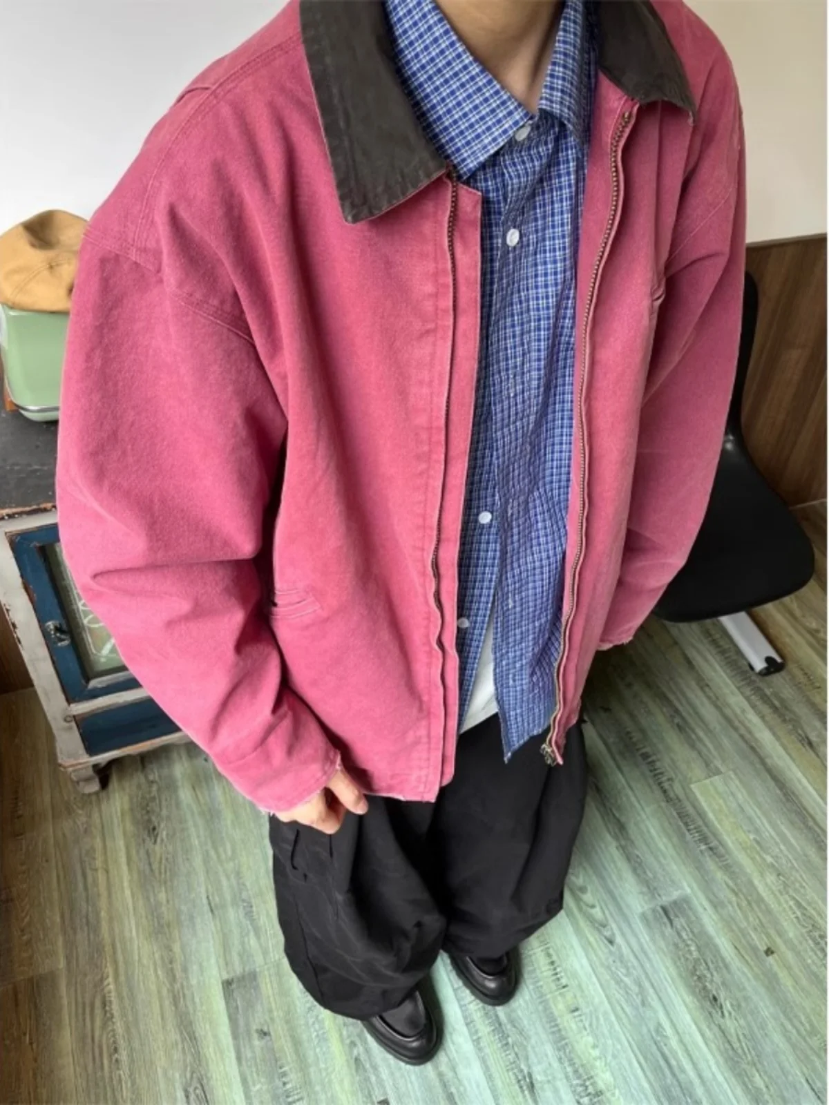 

Waed out Pink Jaet Men's Spring Autumn Sle Big Size Vintage American Detroit Workwear Adstrative Coat Casual Outerwear