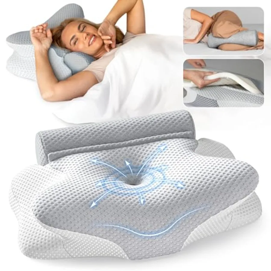 

3-in-1 Orthopedic Pillow, Cervical Neck Pillow for Sleeping, Adjustable Height Memory Foam Neck Pillow and Detachable Roll, Con