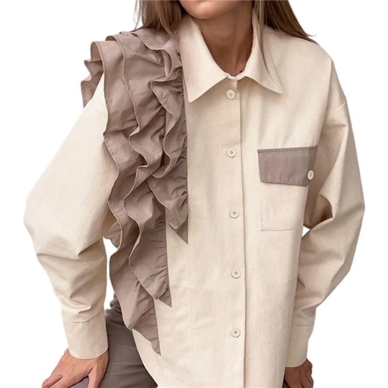 ASDS-Camisa de manga larga con volantes y dobladillo asimétrico dividido con botones y bloques de color elegante para mujer