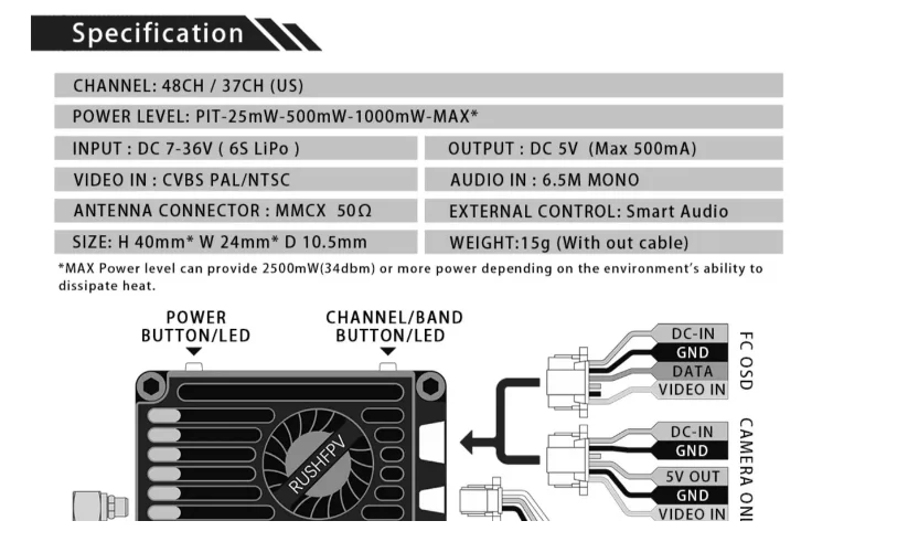 RUSH TANK MAX SOLO VTX 2.5W VTX 48CH เครื่องส่งสัญญาณวิดีโอ CNC สําหรับ RC FPV Long Range FIXED-Wing Drones