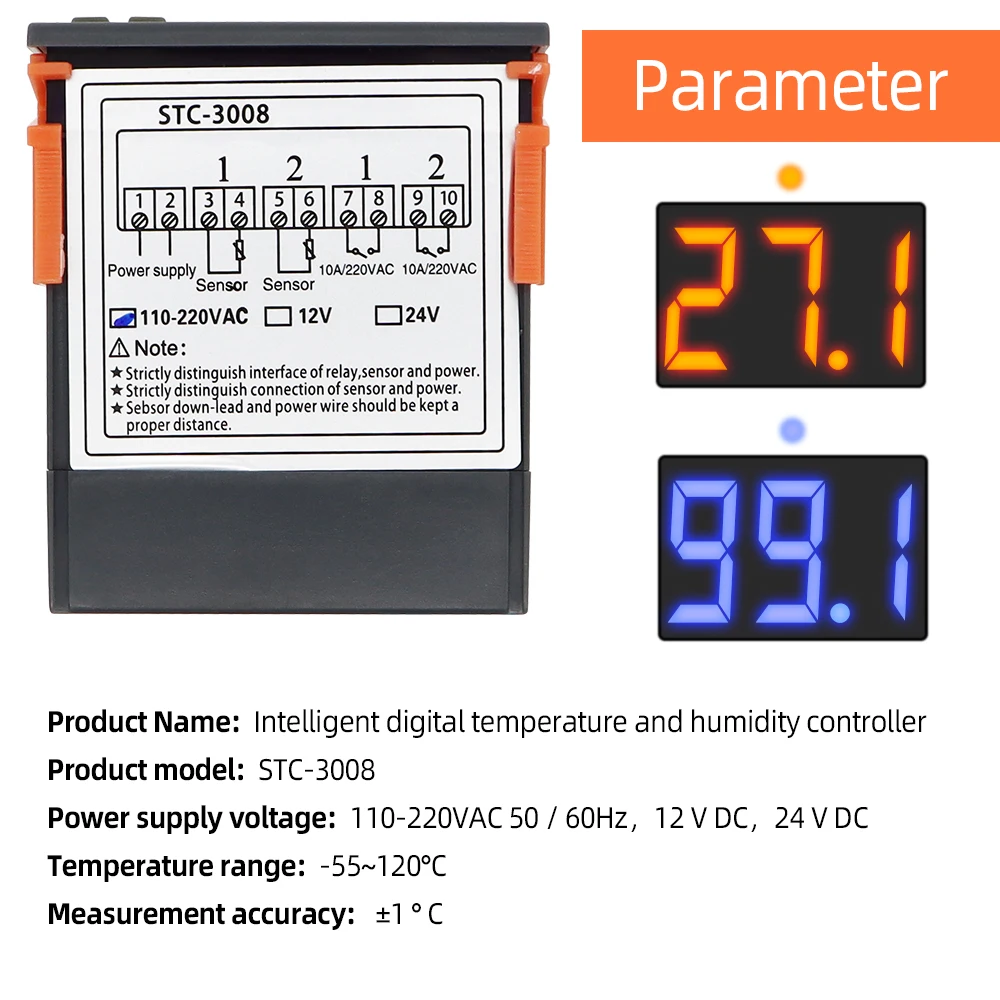 STC-3008 Digital Temperature Controller AC 110V 220V DC 12V 24V Hygrometer Sensor Heating Cooling Dual Relay Output Thermostat