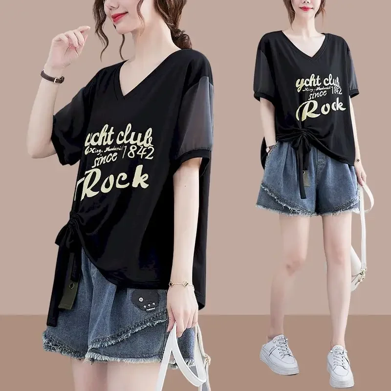 

Casual Sports Sets Women Denim Shorts Suits 2025 Summer Trend Fashion T-shirt and Denim Pants Loose Two Piece Set Y2k Clothes
