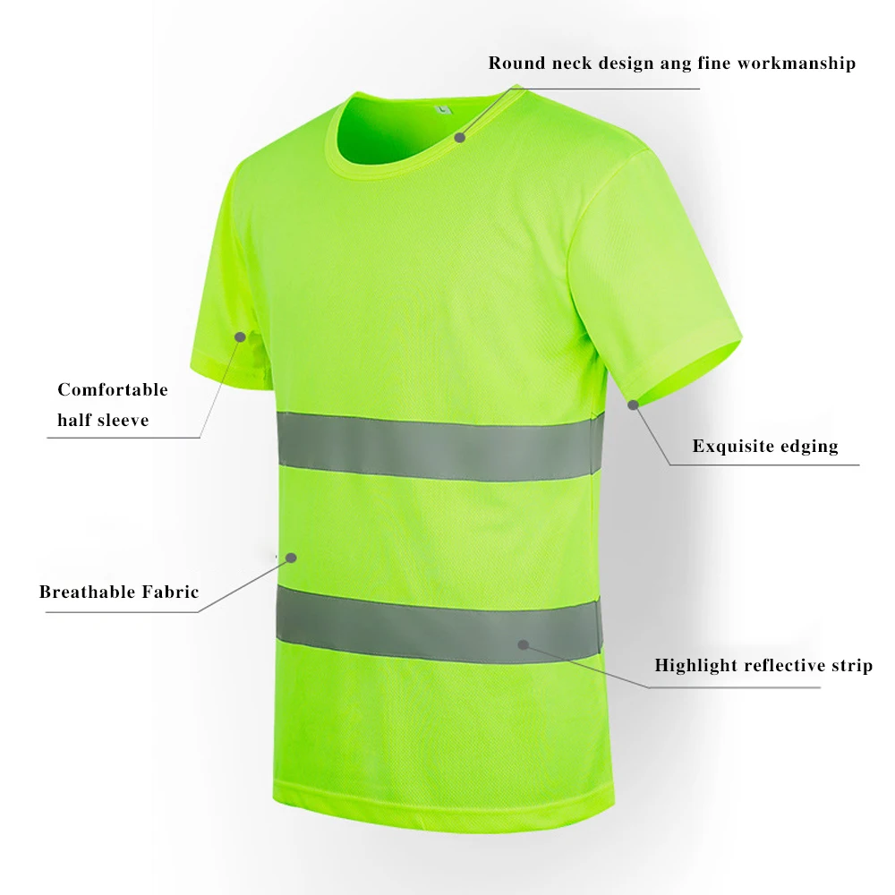 High Visibility Reflective Safety Work T-shirt Fluorescent Yellow Breathable Construction Night Running Cycling Clothes Workwear