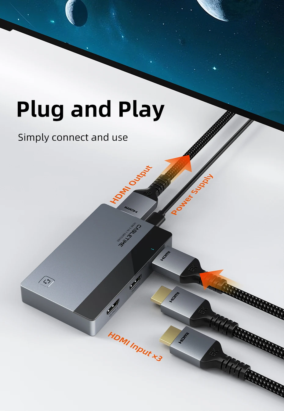 CABLETIME 3-in-1-HDMI-Umschalter 4K 60 Hz HDMI-Splitter für HDTV Xiaomi Mi Box PS5 3-in-1-Ausgang HDMI-Schalter für Laptop MacBook – Detail 8