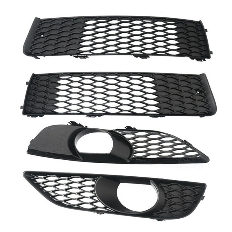 4X Front Bumper Lower+Upper Mesh Grille Fog Light Bezel For- Q7 S-Line 2010-2015 4L0807697B 4L0807698B