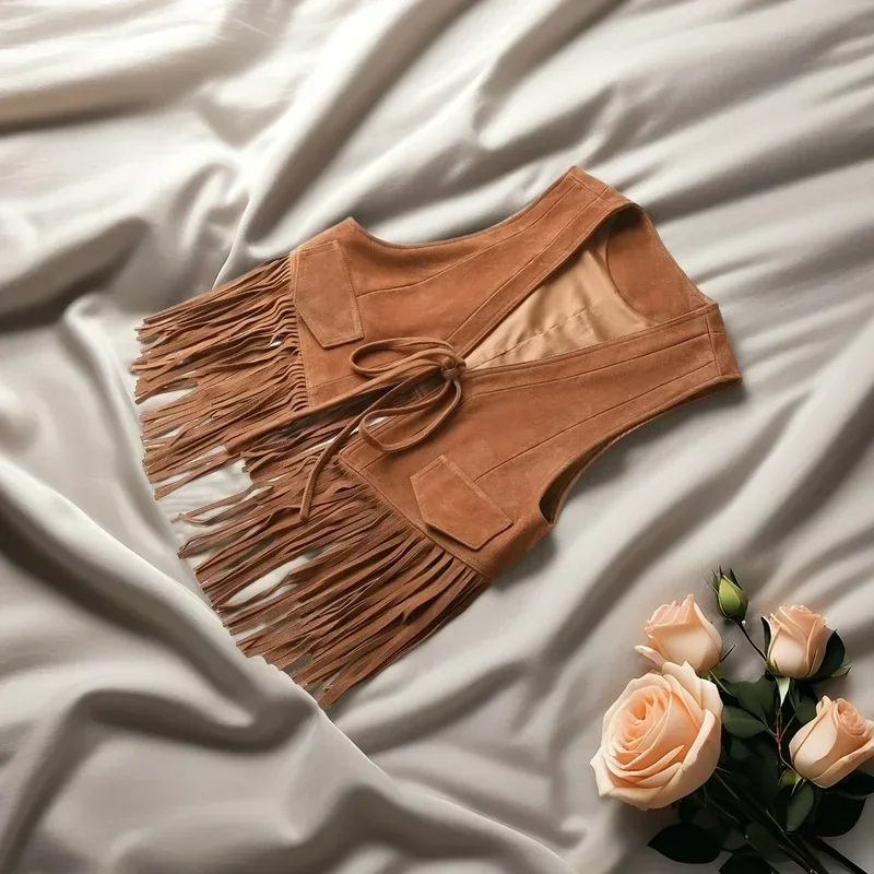 سترات نسائية من الجلد الطبيعي سترة معطف عتيق لربيع وخريف رعاة البقر الغربية من جلد الغنم المدبوغ شرابة ملابس بني داكن برباط علوي