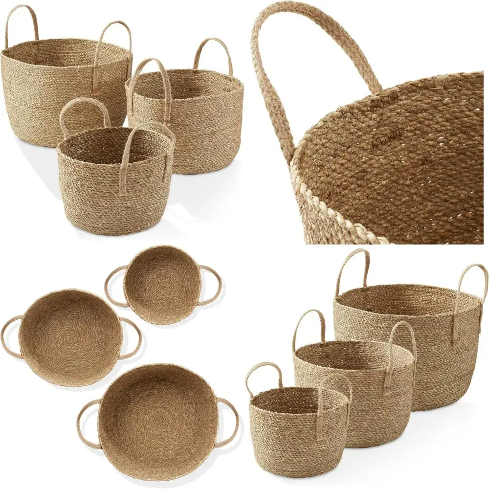 

Set of 3 Natural Seagrass Baskets with Jute Handles for Bohemian Home Decor and Storage