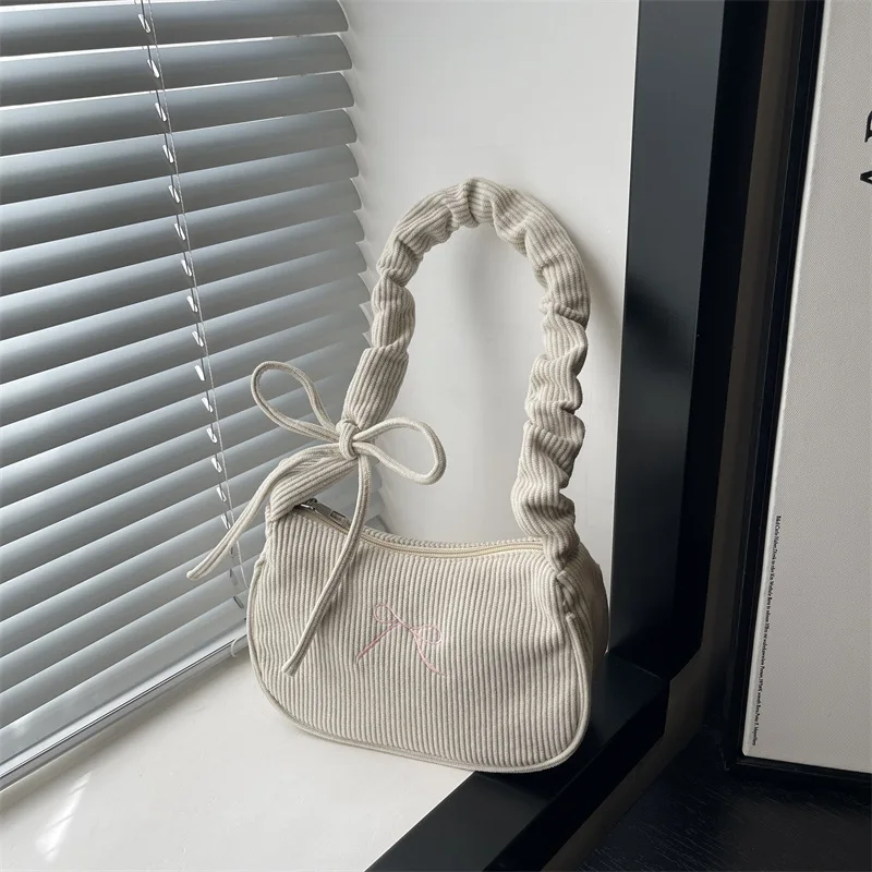 حقيبة نسائية مربعة الشكل بطيات يدوية مع فيونكة مطرزة، حقيبة لطيفة خفيفة الوزن تحت الإبط بكتف واحد #5