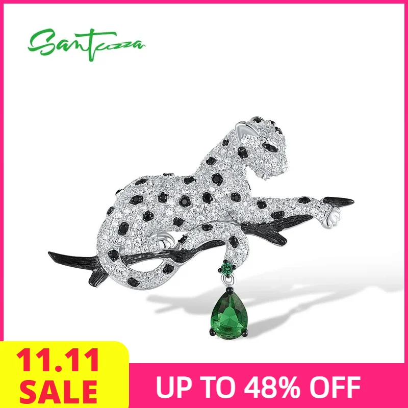 Santuzza-女性のための本物の925シルバーワイルドアニマルブローチ、光沢のある白い黒のヒョウ、日常の女性のための繊細なギフト、ファインジュエリー