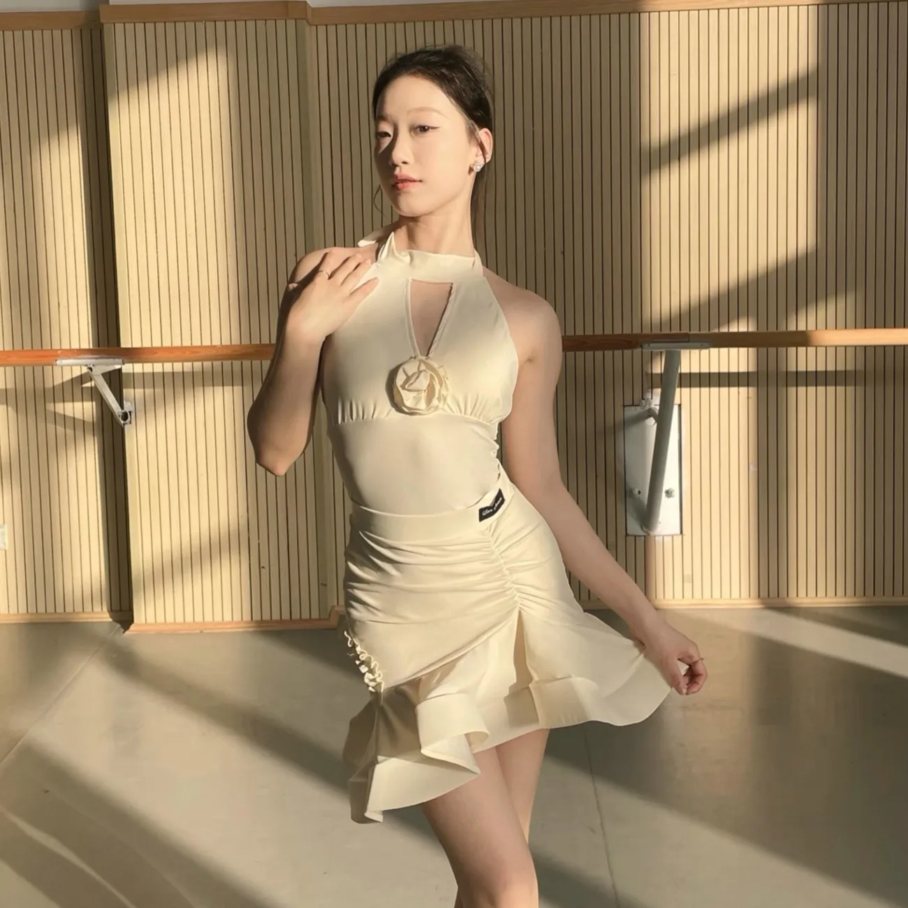 customized women adult Latin national standard dance costume practice outfit hanging neck flower top fishbone skirt fringe dress