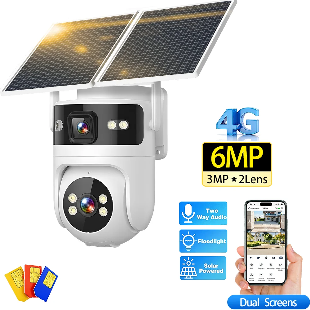 6MP Solar Wireless 4G WiFi PTZ Camera 4K Outdoor Security 4G SIM Card Solar CCTV Camera
