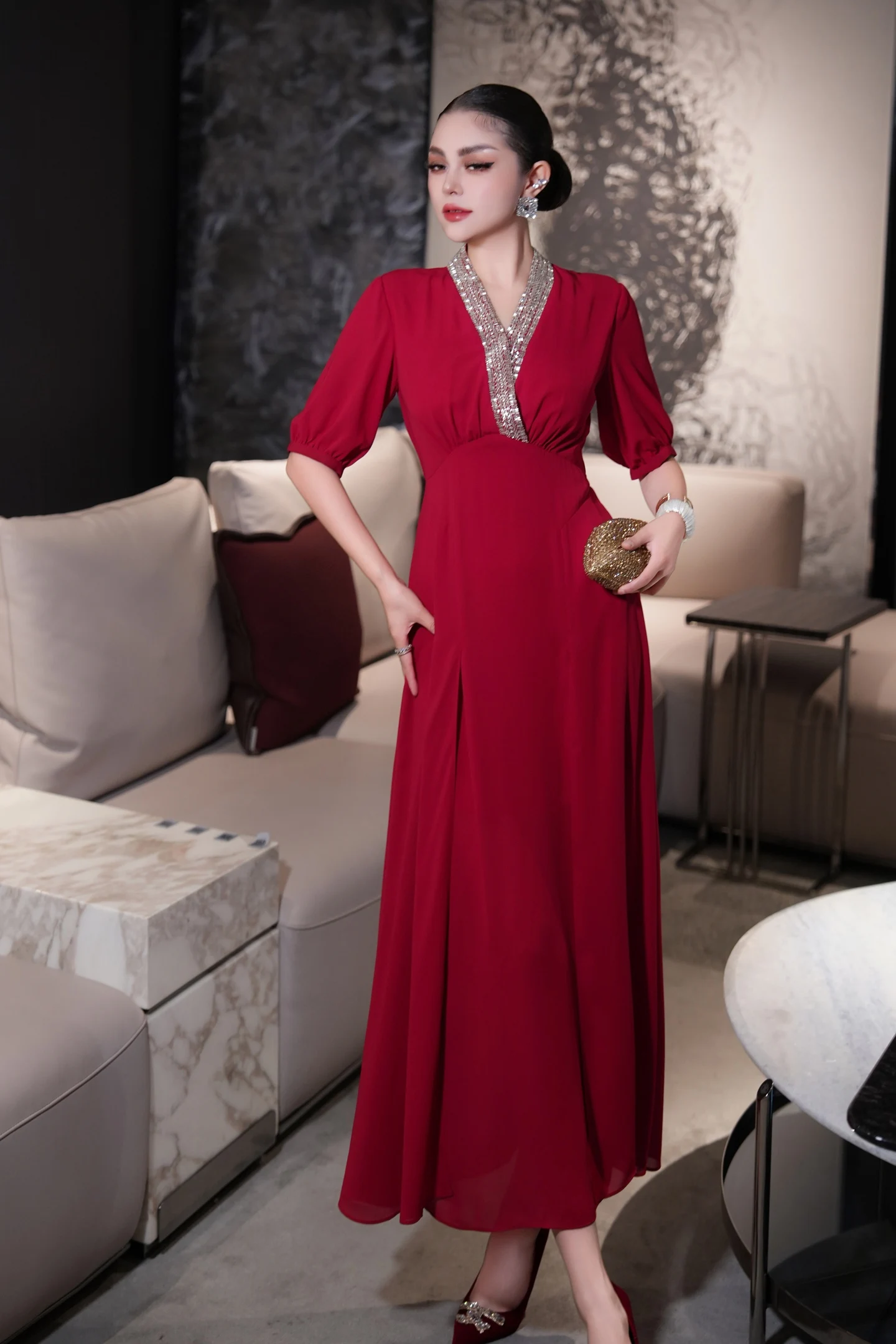 Meyyithun vestido feminino com decote em v frisado manga curta vermelho midi vestido formal sofisticado festa roupas femininas 1117m01