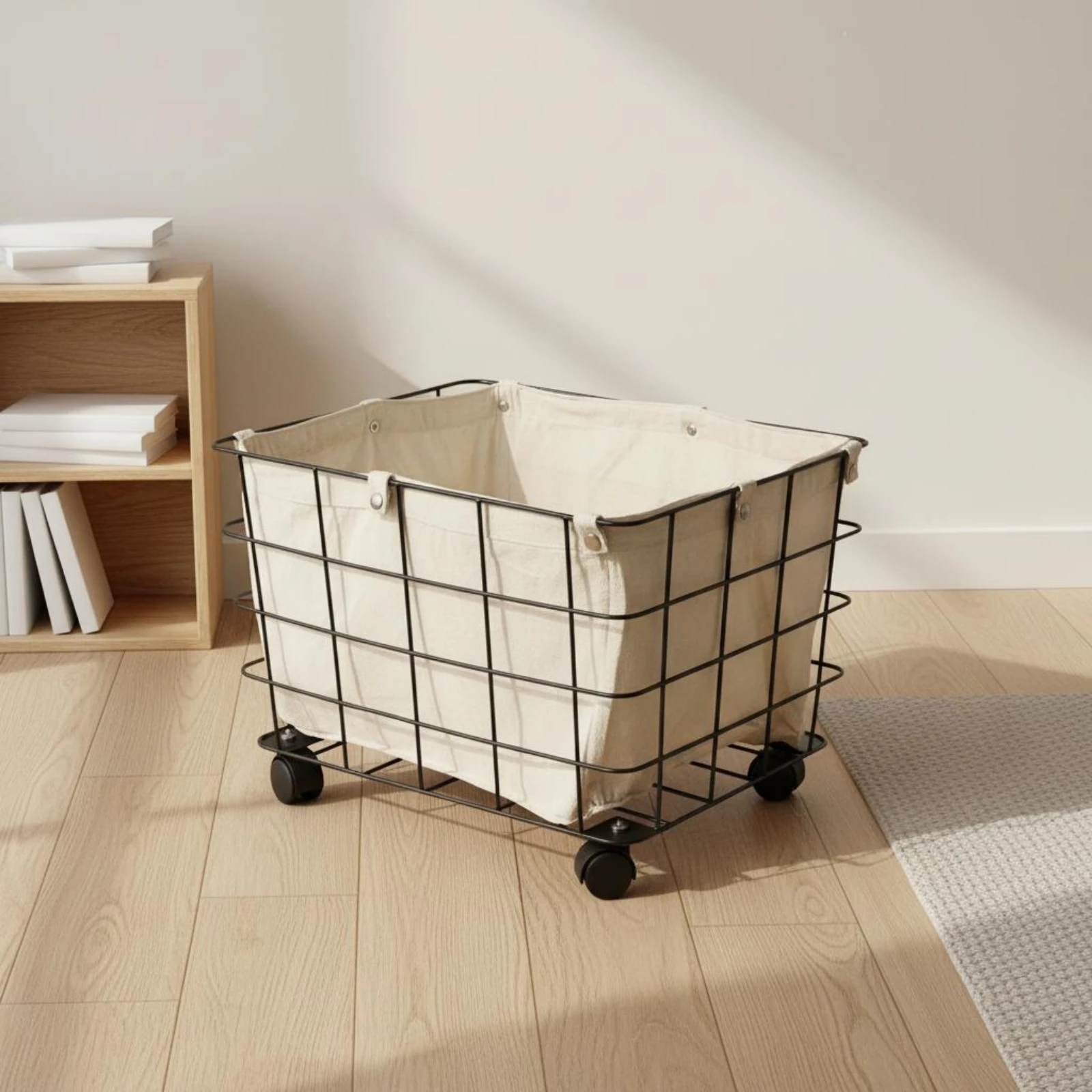 

Rolling Wire Storage Basket on Wheels Wire Rolling Basket Canvas Lined Basket Rectangular Multipurpose for Nursery