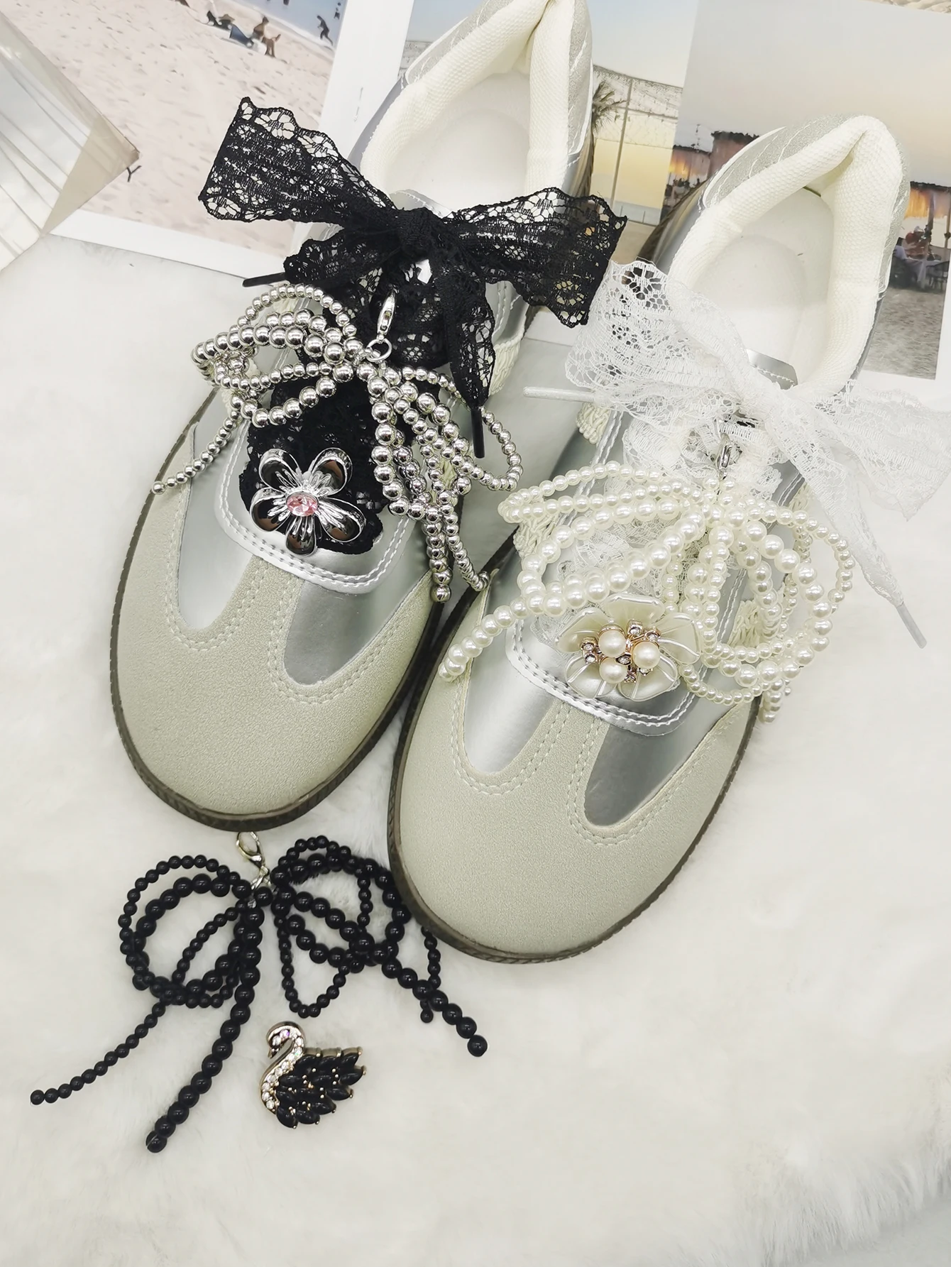 6PCS Spitze Schnürsenkel Dekor Barock Faux Perle Bogen Schuh Anhänger Dekorationen Blume Schnürsenkel Clips Zubehör Schwan Schuh Schnallen – Detail 6