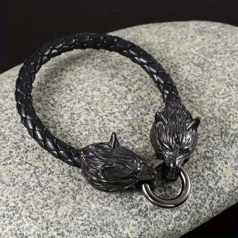 Domineering  Retro Viking Wolf Head Leather Bracelet for Men Women Personality Charm Hip Hop Punk Jewelry