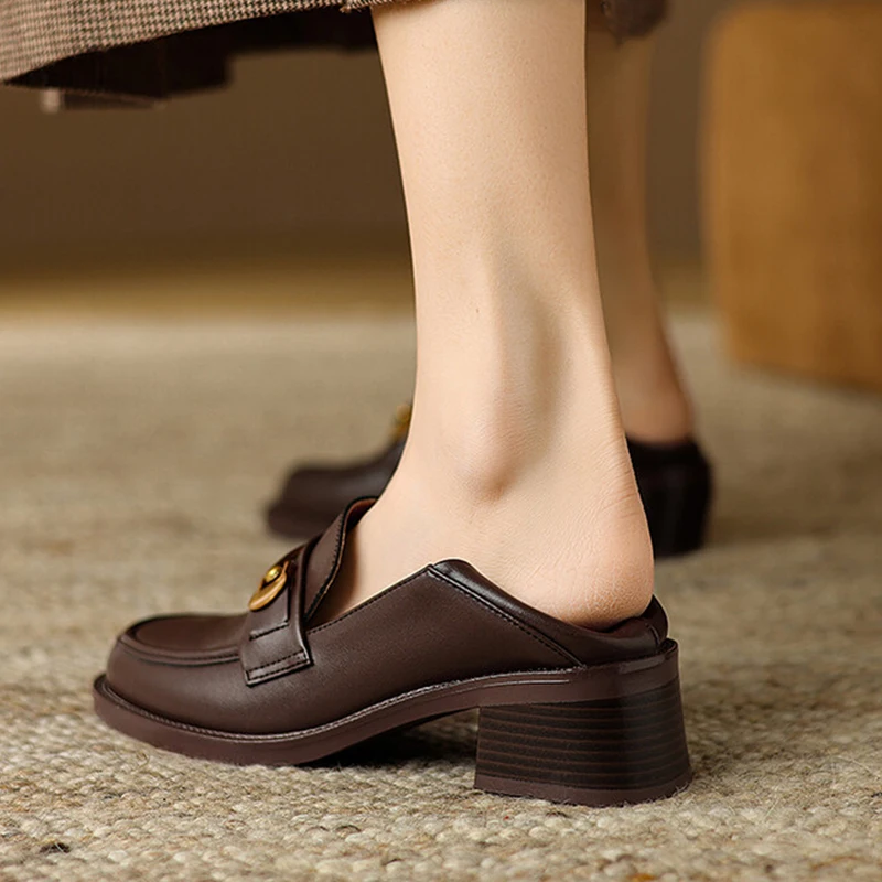 JOZHAMTA Size 33-43 Women Loafers Pumps Casual Real Leather Chunky Mid Heels Shoes Fashion Chain Vintage Brown Office Dress Shoe