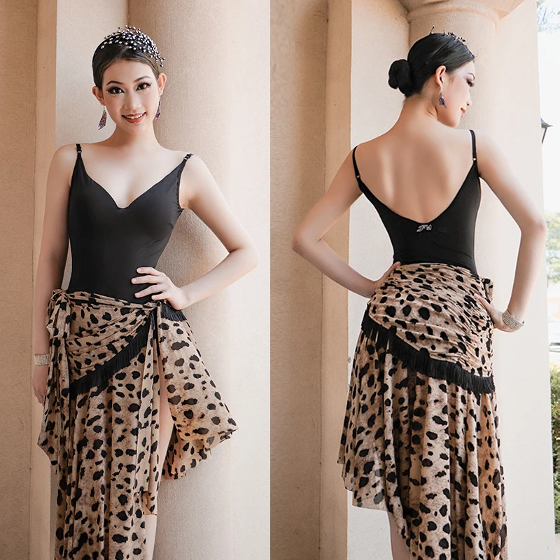 

Latin Dance Training Costume Adult Black Sling Bodysuit Leopard Print One-Piece Wrap Skirt Women Latin Practice Dancewear 3874
