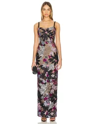 Women'S Luxury Sequin Embroidery Spaghetti Strap Backless Design Celebrity Club Evening Gowns Sleeveless Sexy Maxi Dress