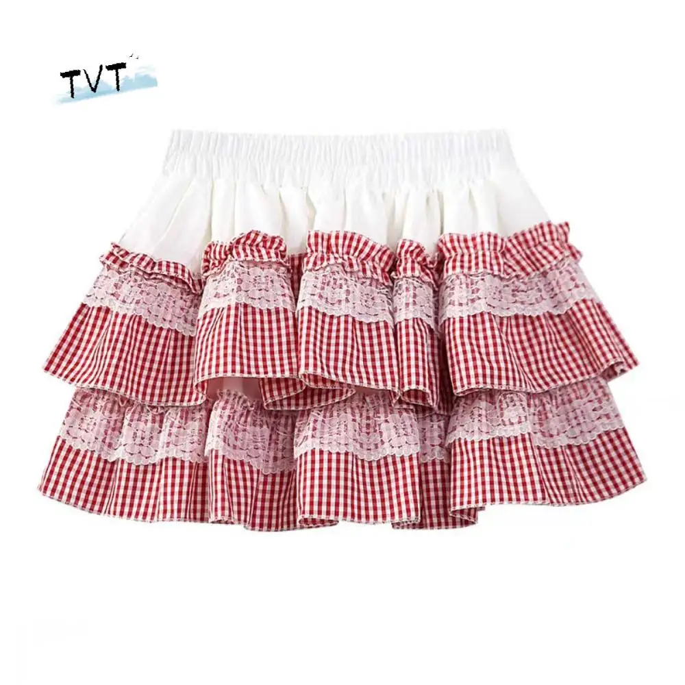 

Кружевная юбка-тортик в стиле Лолиты в клетку в полоску с высокой талией JK Короткая юбка трапециевидной формы с рюшами Многослойные кружевные плиссированные мини-юбки Лето