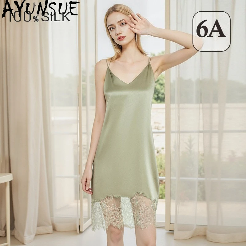 

AYUNSUE 100% Mulberry Silk Night Dress Women 19MM Silk Nighty for Ladies 2026 New Arrive Summer Sexy Sleepwear Pijama Feminino