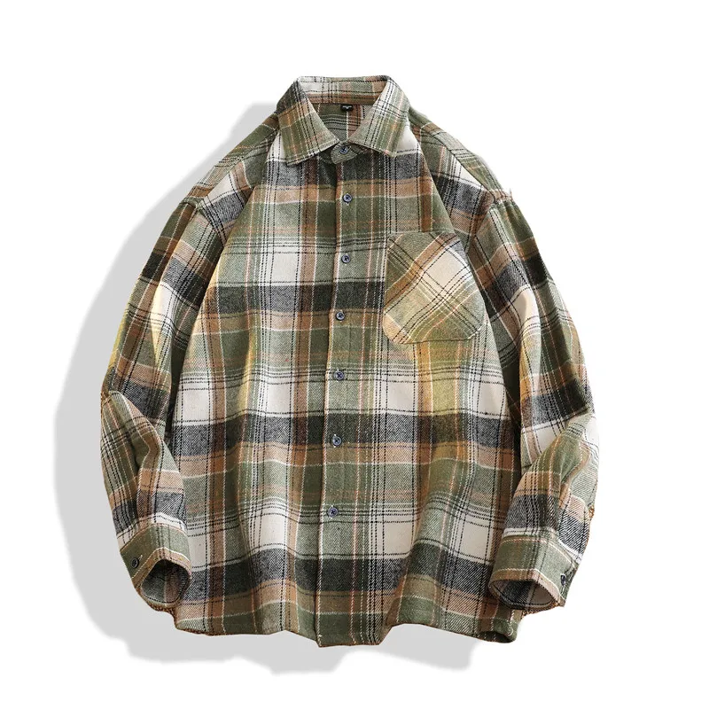 

Unisex Plaid Brushed Casual Shirt for Autumn and Winter for Men, Retro and Loose Fit for Daily Couples in 2024.