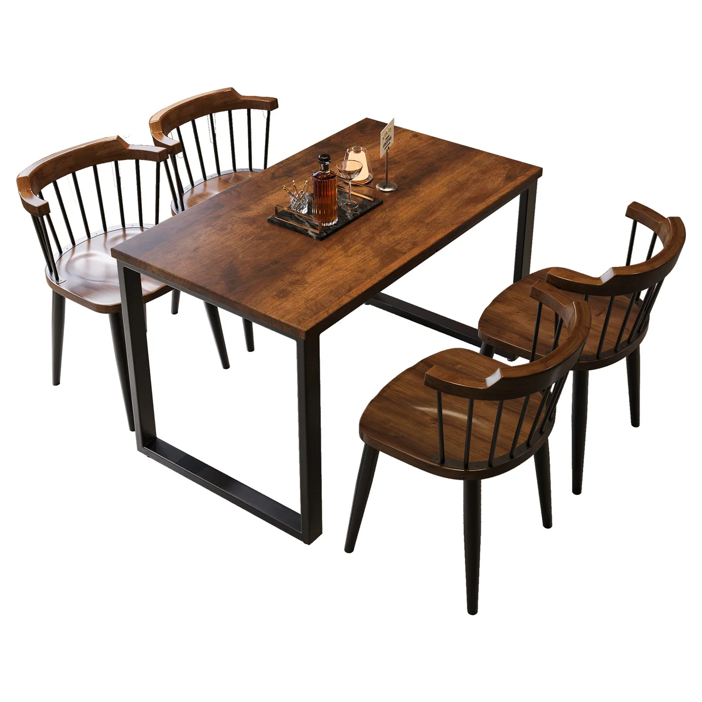 

Retro style cafe bar pub rectangular solid wood dining table and chair combination commercial industrial style barbecue shop tab