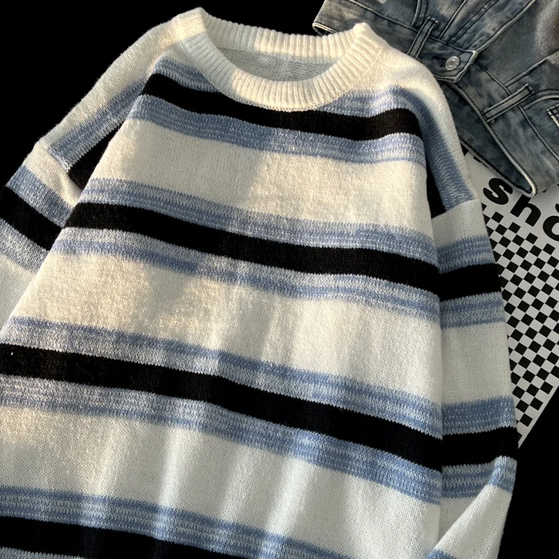 Jerseys de cuello redondo a rayas para hombre, suéteres de punto de moda coreana, ropa Vintage suelta, Y2K, Otoño, nuevo