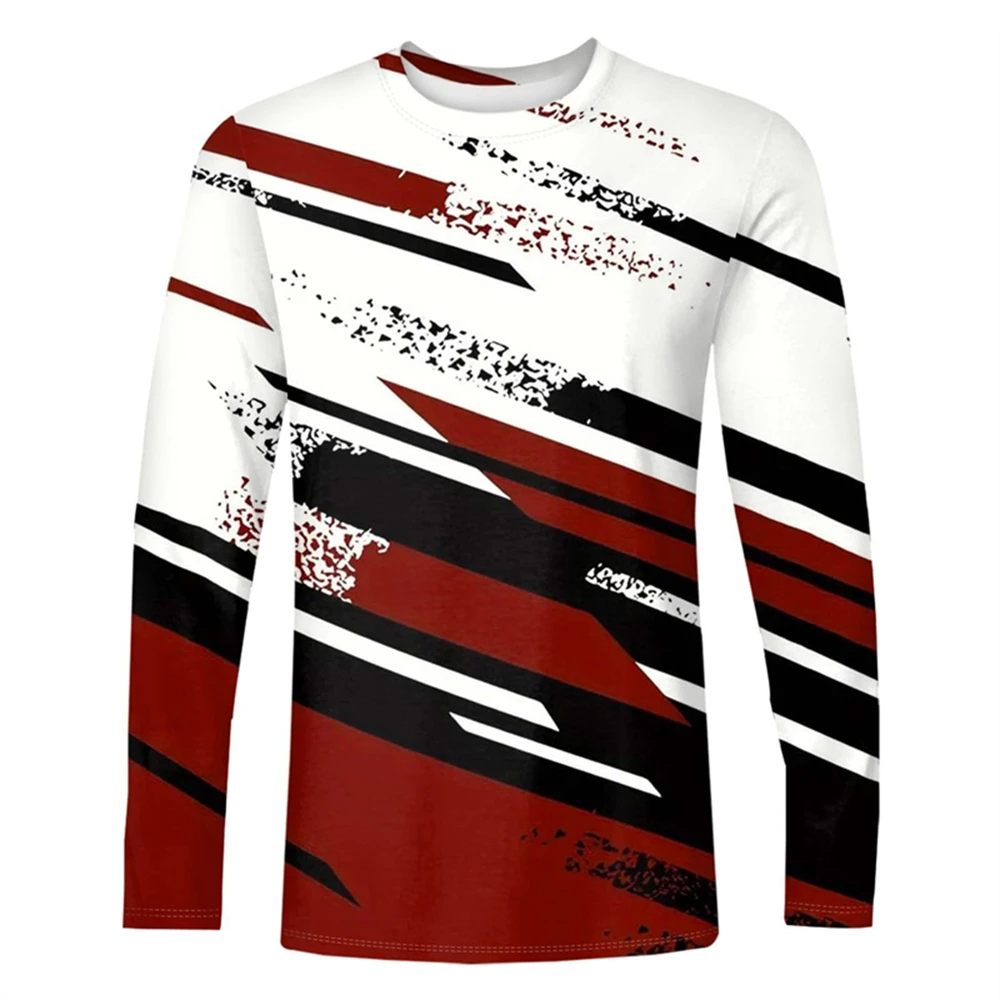 

Футболка с длинным рукавом и геометрическим художественным принтом в полоску, мужская одежда, осенняя уличная повседневная повседневная модная свободная футболка с круглым вырезом 2025