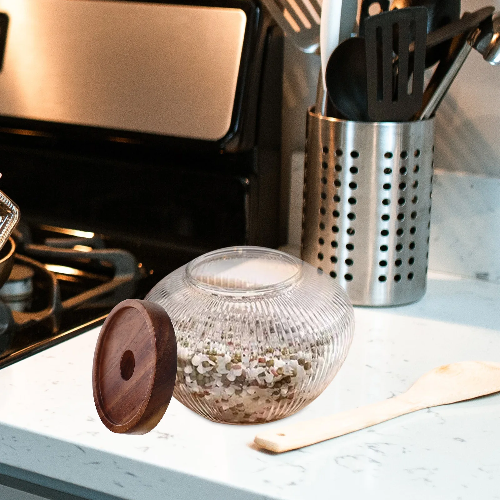 

Creative Shaped Jar With Wooden Lid Airtight Food Storage Container 1000Ml For Candy Tea Grains Coffee Beans Transparent