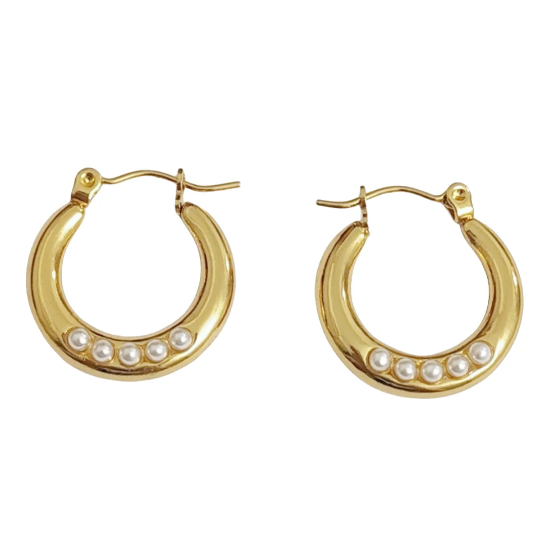 

2 Pairs Pearl Gold Plated Hoop Earrings for Women Small Pearl Huggie Earrings