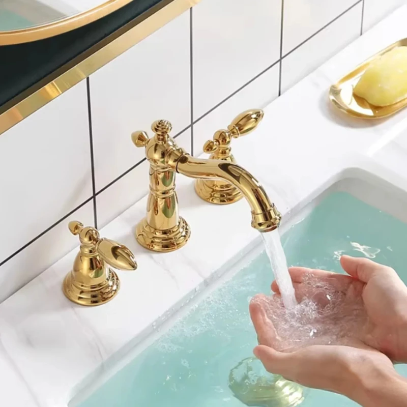 Basin Faucet Deck Mounted Hot and Cold Mixer Tap Dual Holder Three Hole Widespread Gold Brass Bathroom Basin Faucets