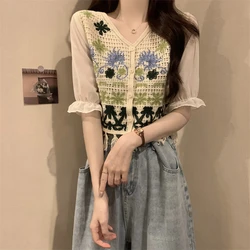Fringed Floral Lace Crochet Knit Top Puff Sleeve Button Down Open-knit Blouse Crop Cardigan Women Teengirl Summer Vintage Outfit