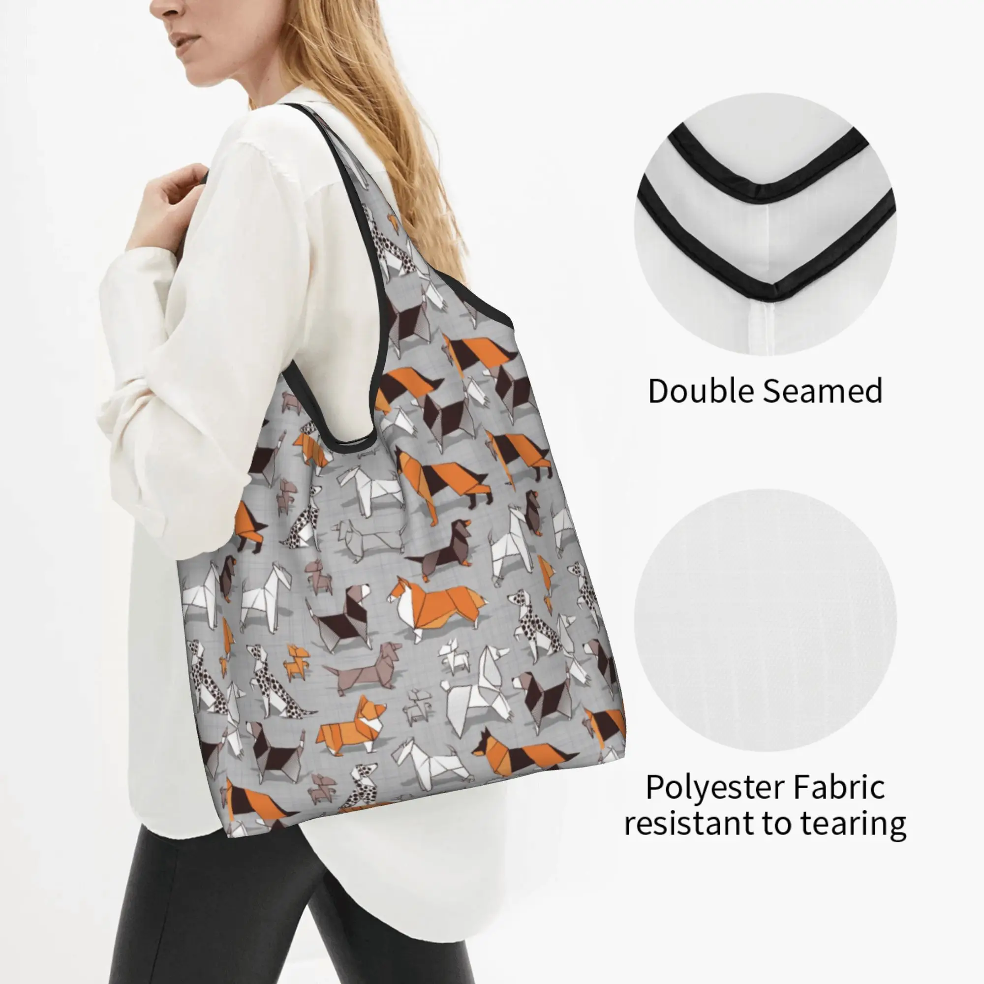 Custom Origami Doggie Friends Shopping Bag Women Portable Big Capacity Grocery Dachshund Beagle Terrier Dog Tote Shopper Bags