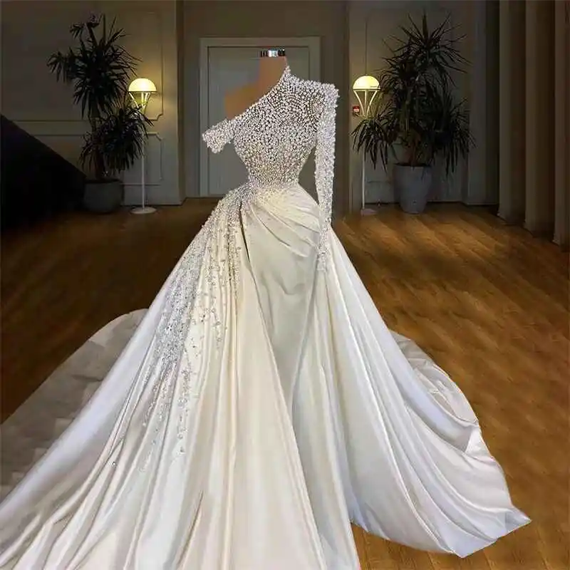 Luxury Mermaid Wedding Dresses Pearls Satin One Shoulder Designer Detachable Train Pleat Bridal Custom Made Robe De Mariée