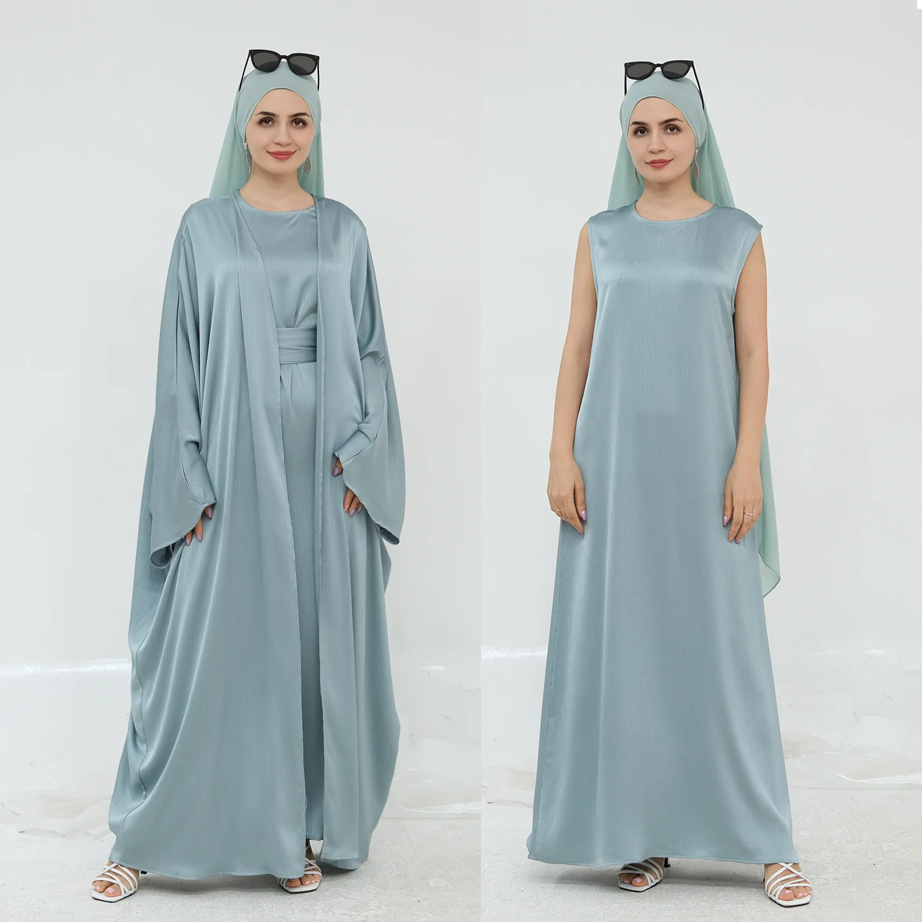 Conjunto de 2 piezas a juego Abaya abierto liso musulmán mujeres cárdigan vestido interior traje Dubai Kaftan árabe islámico bata Ramadán Kimono vestido
