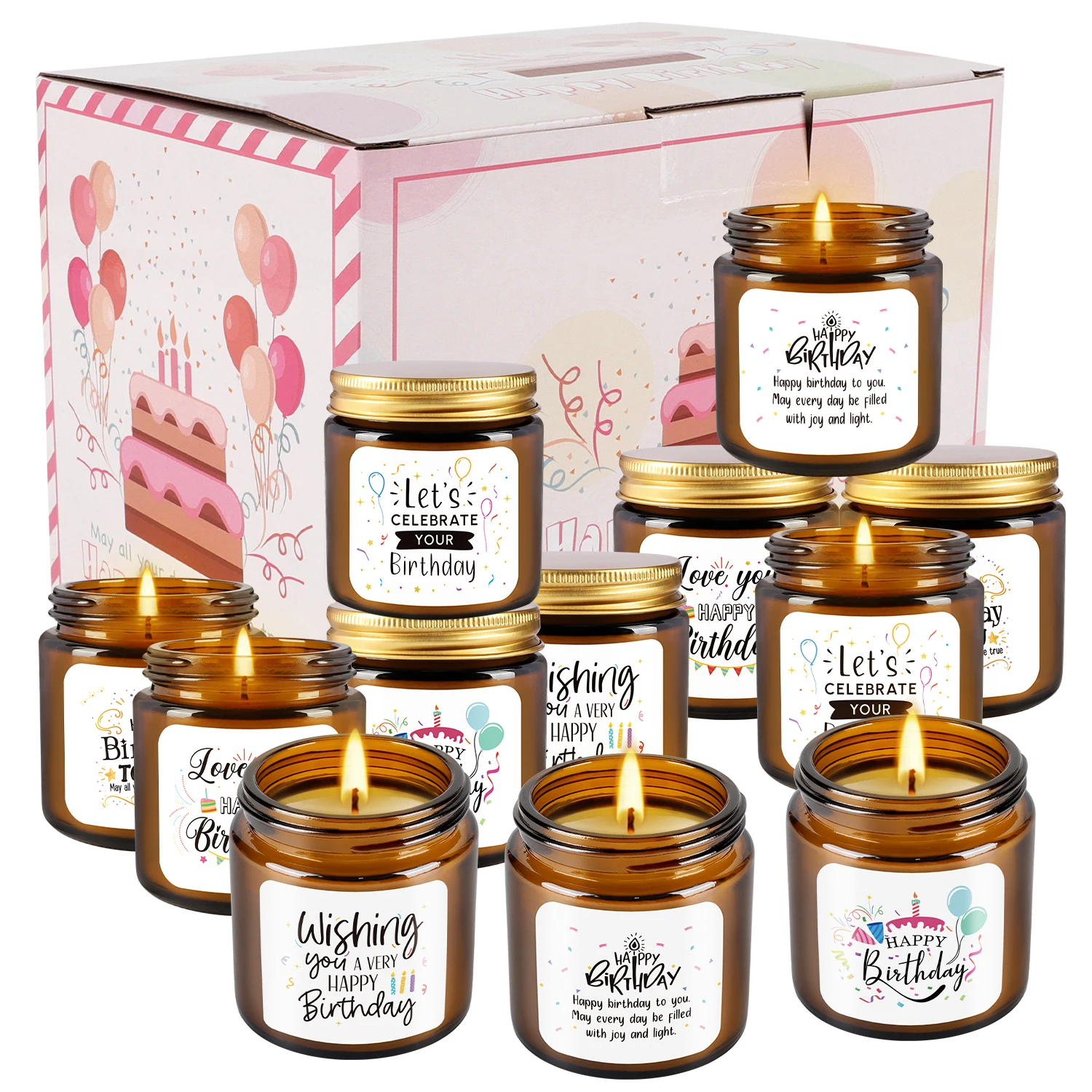 Amber Jar Candle - 12'li doğum günü mum seti, altın