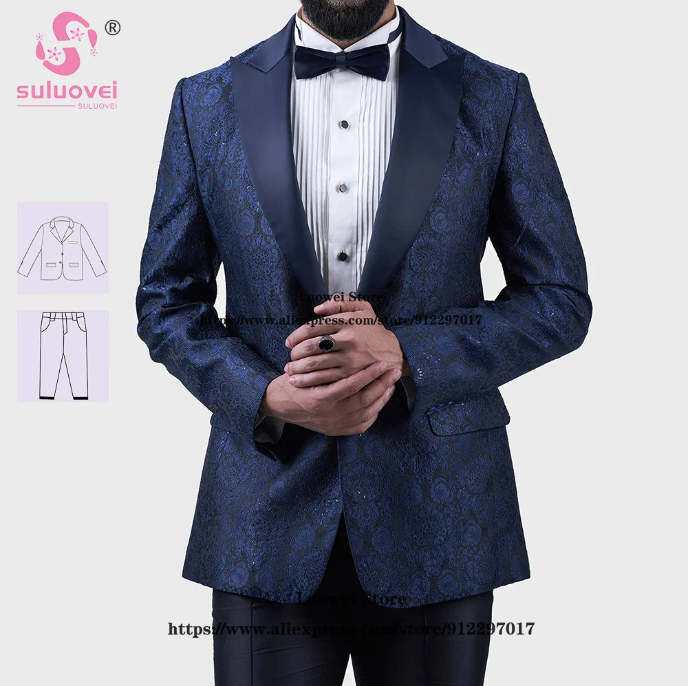 

High Quality Jacquard Suits For Men Slim Fit 2 Piece Jacket Pants Set Formal Grooms Wedding Peaked Lapel Tuxedos Business Blazer