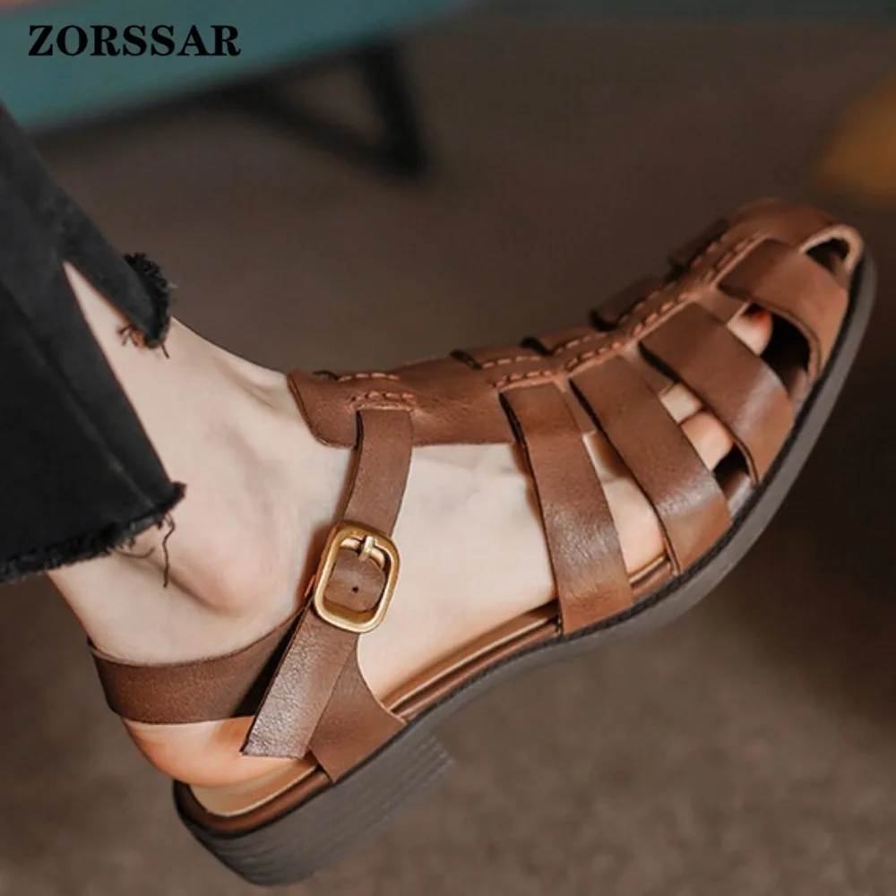 

Women's Genuine Leather Gladiator Sandals with Woven Straps Adjustable Buckle Ankle Strap Low Block Heel Retro Summer Shoes