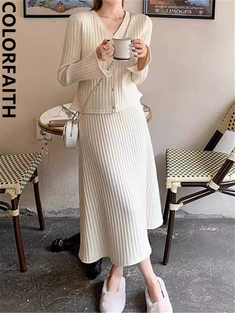 Colorfaith WS9358DG New 2024 Vintage Sets 2 Pieces Elegant Lady Knitting Cardigans With Long Skirts Autumn Winter Women Suits