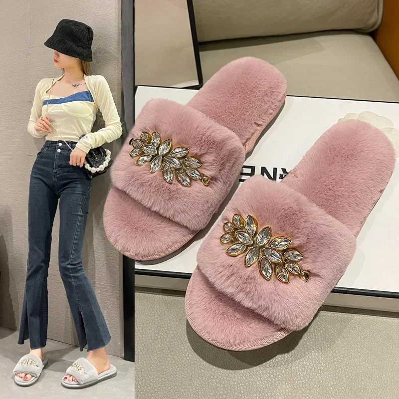 Fur Shoes Women Fashion Winter Fur Slippers for Woman Rhinestone Sandals Fluffy Slides Shoes Home Indoor Diamond Slippers