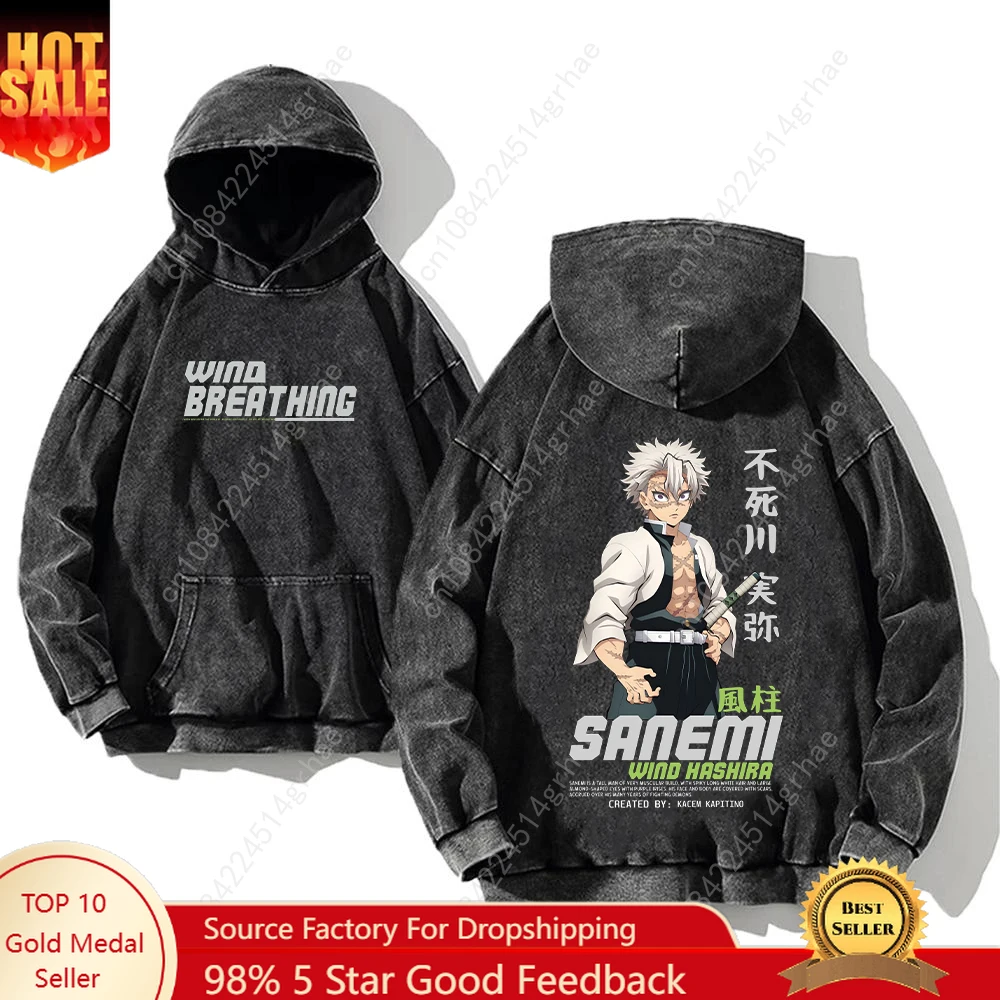 

Demon Slayer Acid Hoodies Anime Printed For Men Women Pure Cotton Sweatshirts Vintage Washed Oversized Streetwear Unisex