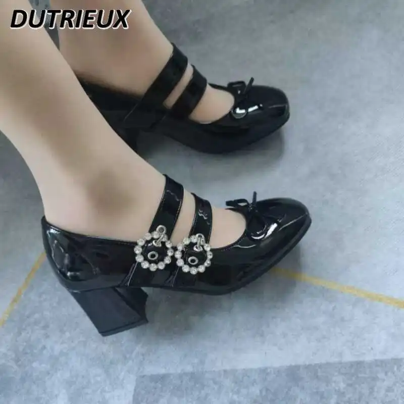 

New Spring Autumn Women's Shoes Chunky Heel High Heel Shoes Mary Jane Shallow Mouth Round Head Patent Leather Pumps Female