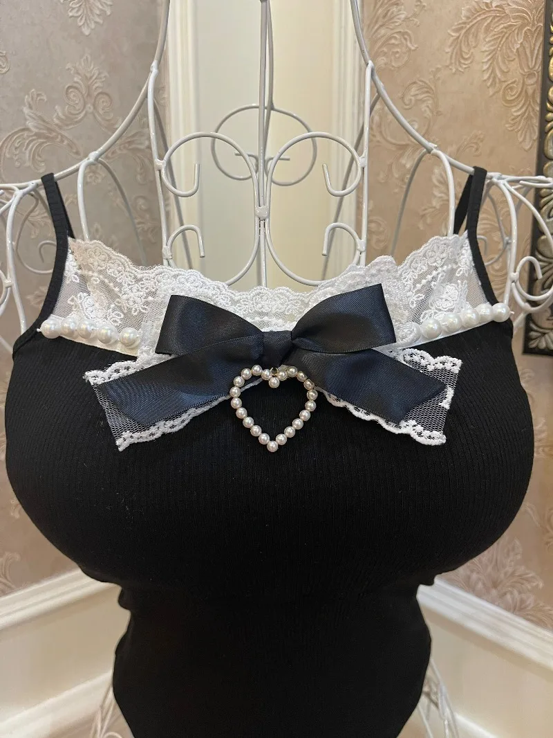 새로운 일본 로맨틱 발레 스타일 귀여운 스위트 슬링 보우 펄 레이스 트림 슬림핏 크롭탑 (가슴 패드 포함) 여성용 캐미솔