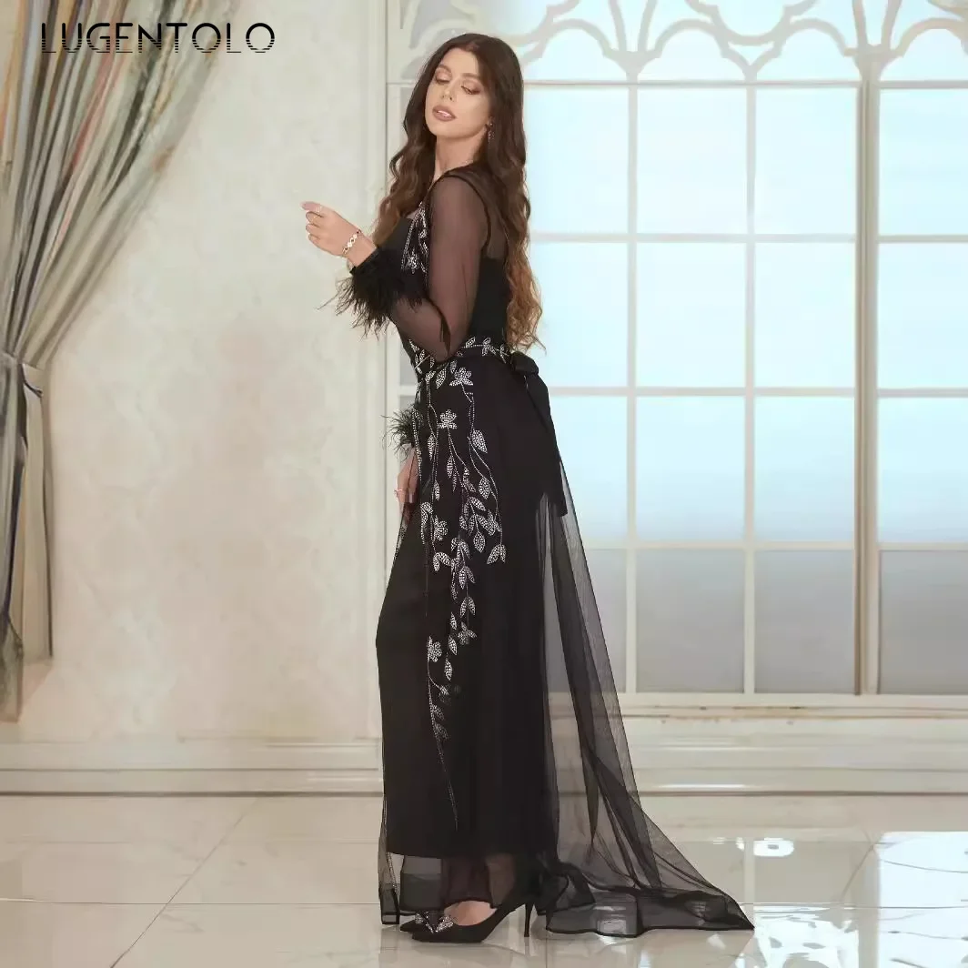 Women Hot Diamond Caftan Robe Dress Set Elegant Party High Quality Mesh Sexy Perspective Long Sleeve Lady Lace-up Banquet Cloth