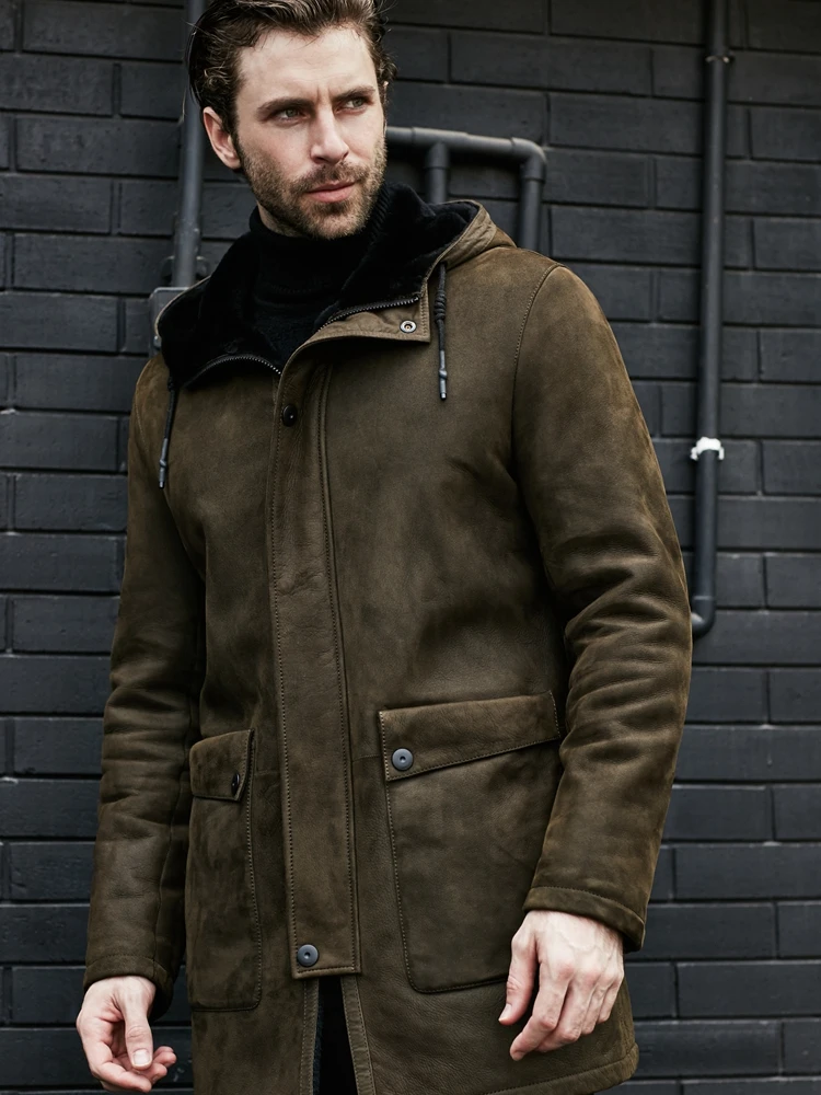 Blouson d'hiver en cuir véritable pour homme, manteau Long à capuche, en peau de mouton véritable, nouveau, 2022