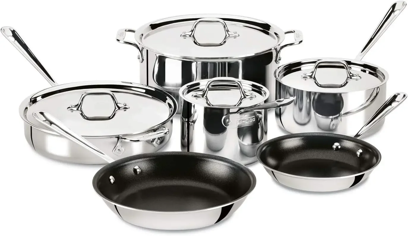 All-Clad D3 3-Ply Stainless Steel Non Stick Cookware Set 10 Piece, Induction,Oven Broiler Safe 600F,Kitchen Cooking Set w/Frying