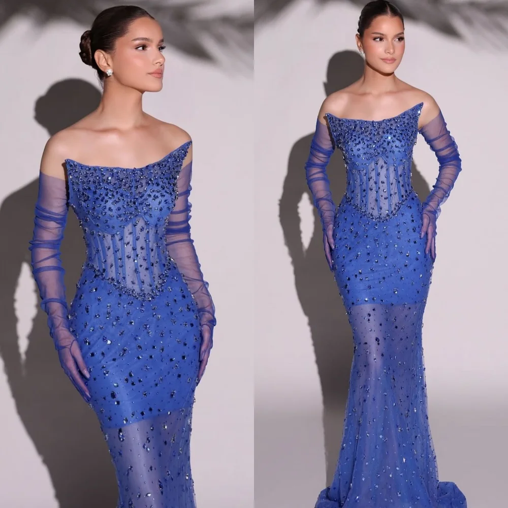 

Customized Elegant Strapless Long Sleeves Evening Dress See Through Tulle Prom Dresses Exquisite Crystal Bridal Party Gowns