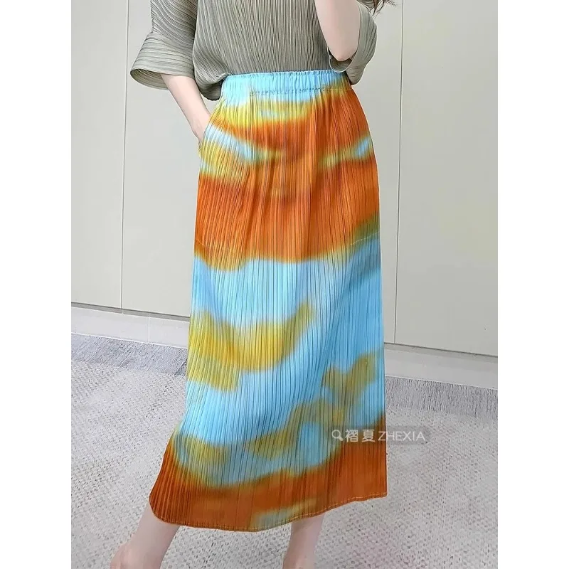 Miyake Pleated Half Skirt Gradient Sunset Print Back Split Straight Half Skirt Elastic Waist High Elastic