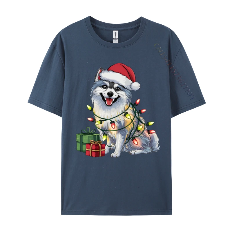 Xmas Lighting Santa Hat Japanese Spitz Dog Christmas T-Shirts Humorous T-Shirts Crew Neck Tee Shirt Classic Short Sleeve Clothes