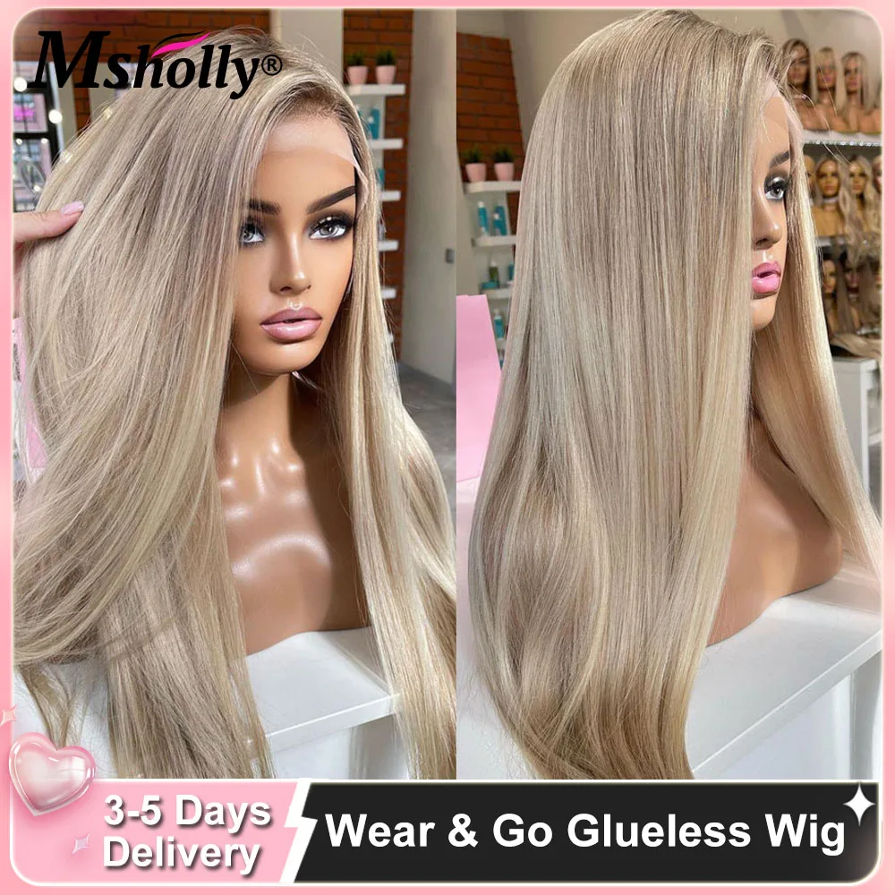 Msholly Highlight Ash Blonde 100% Human Hair Wig 210% Density Wig For Women Cream Blonde Straight Pre Cut Lace White People Wigs